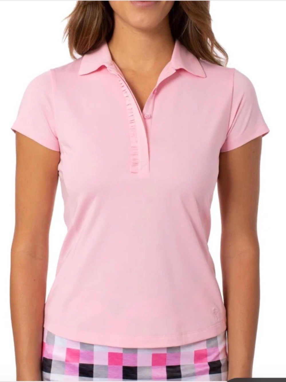 Classic Women's Pink Short Sleeve Polo with Ruffle Placket